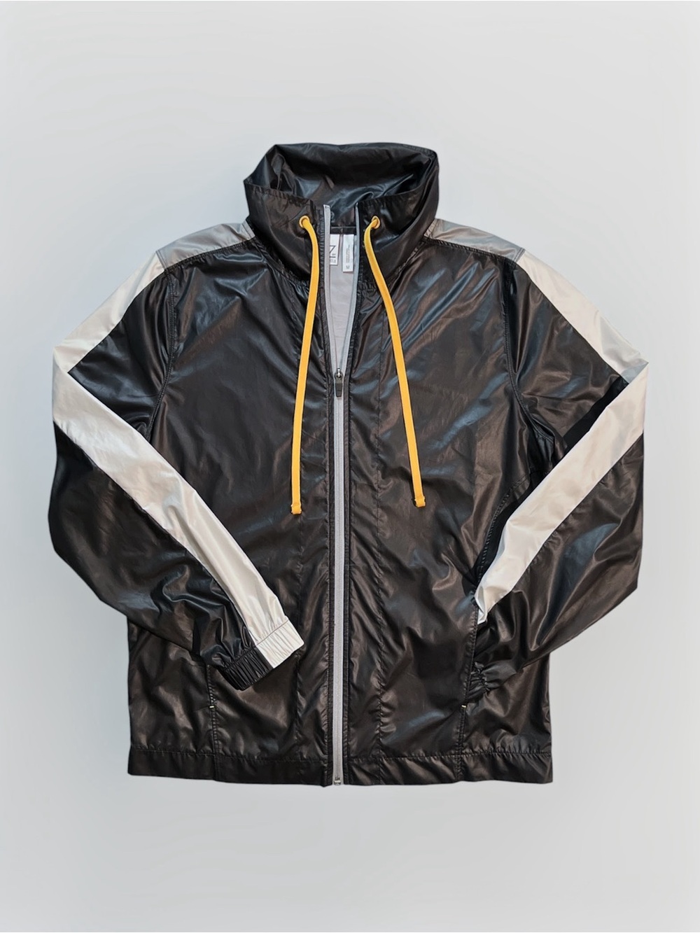 Zella Lightweight Black Jacket with White Sleeve Stripes and Yellow Drawcords M